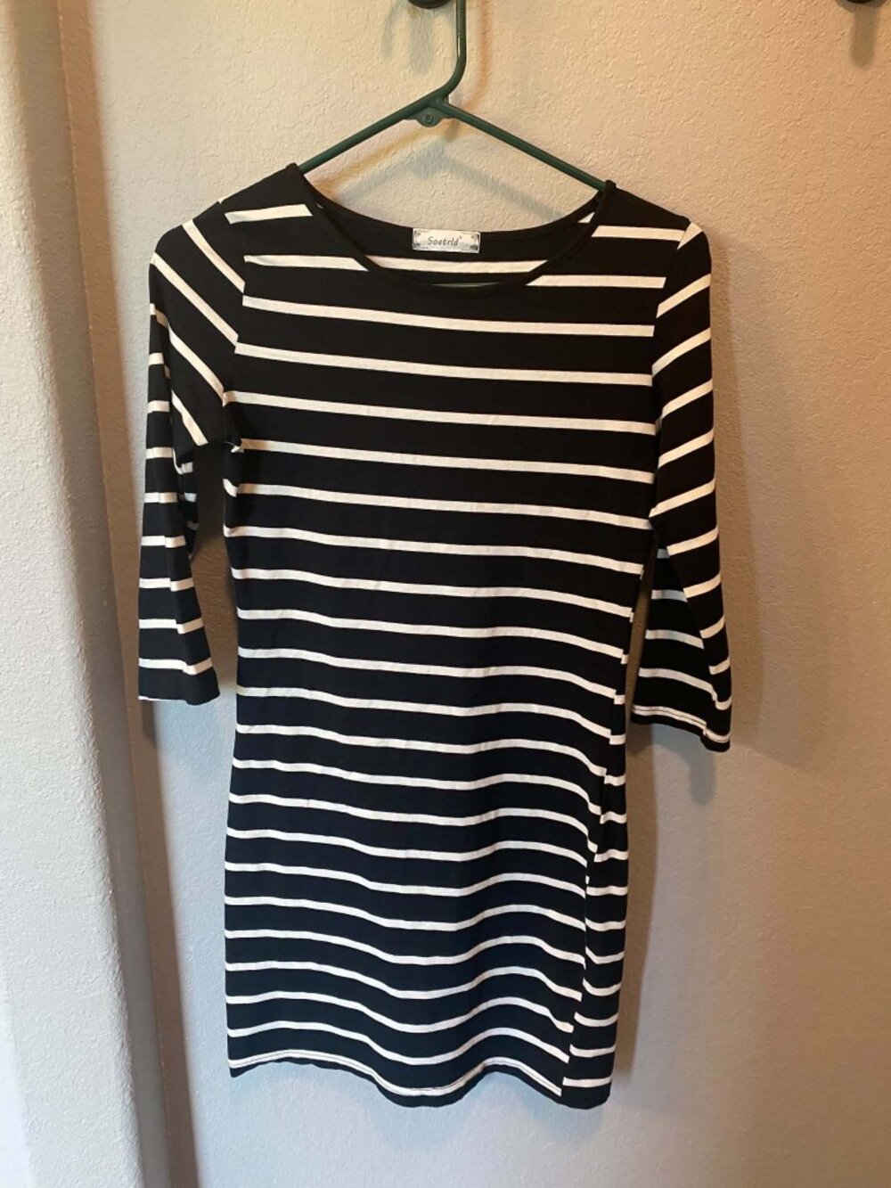 Women's 3/4 Sleeve White Black Striped Mini Bodycon Dress (S)